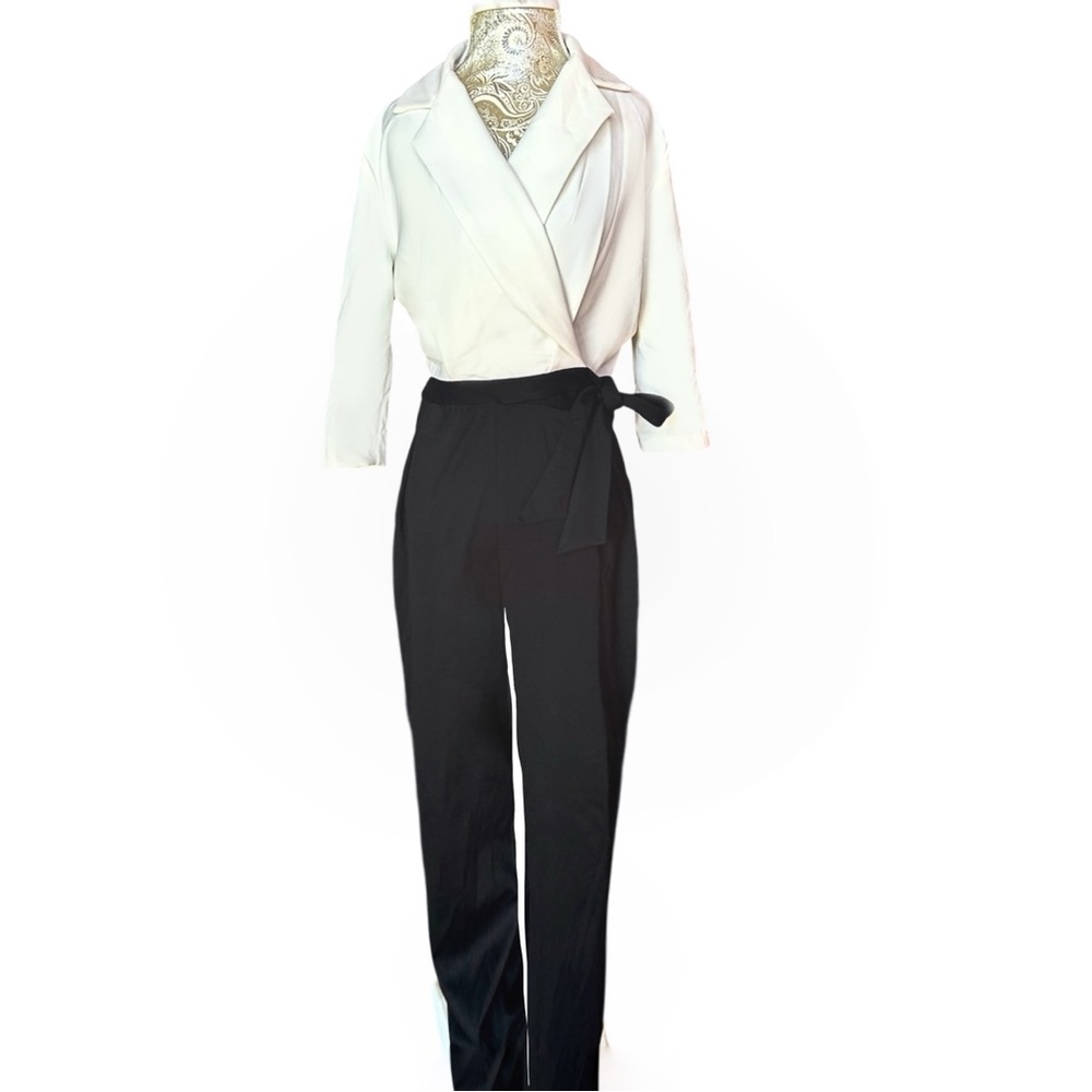 Office Siren Luxury Black and Cream Women's Jumpsuit Wrap Top Size 14 Tall